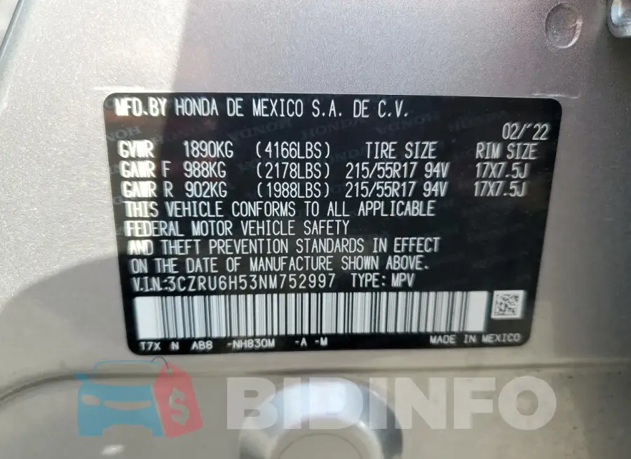 3CZRU6H53NM752997 Photo# 13