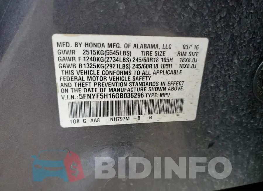 5FNYF5H16GB036296 Photo# 13