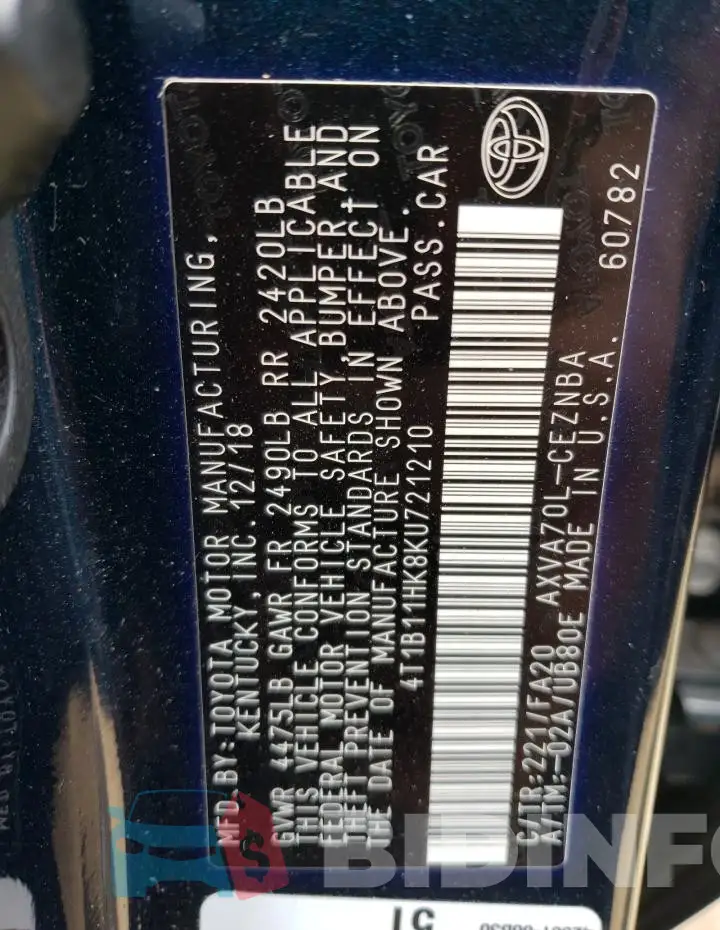 4T1B11HK8KU721210 Photo# 12