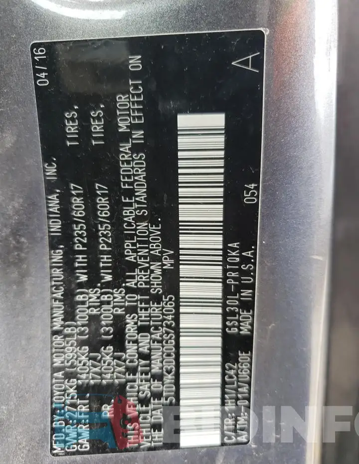 5TDYK3DC0GS734065 Photo# 14
