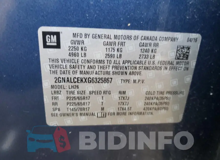 2GNALCEKXG6325867 Photo# 12