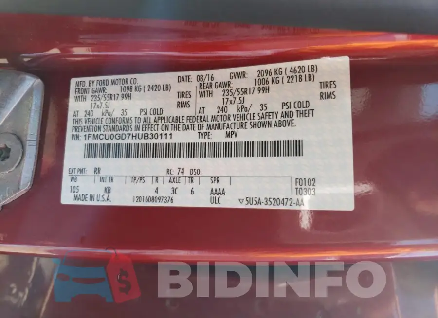 1FMCU0GD7HUB30111 Photo# 12