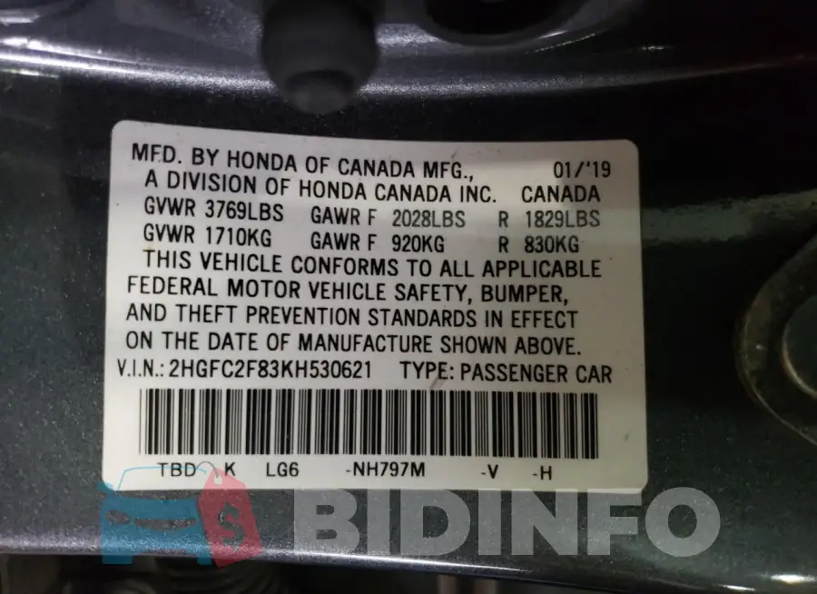 2HGFC2F83KH530621 Photo# 12