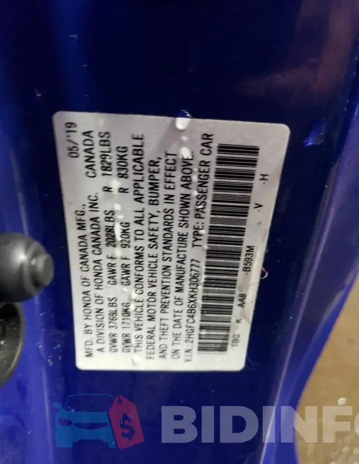 2HGFC4B6XKH306777 Photo# 12