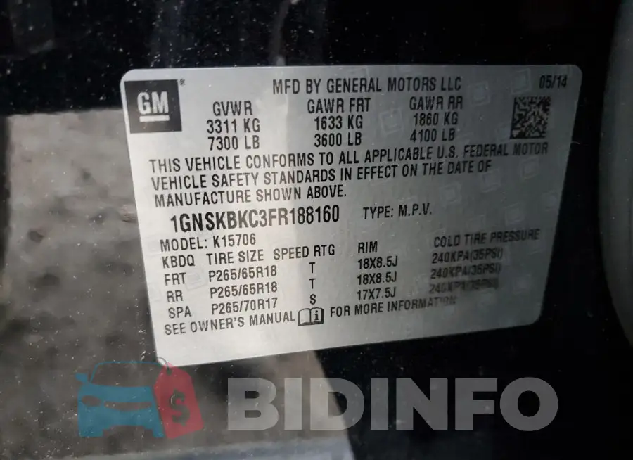 1GNSKBKC3FR188160 Photo# 14