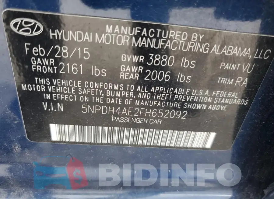 5NPDH4AE2FH652092 Photo# 12