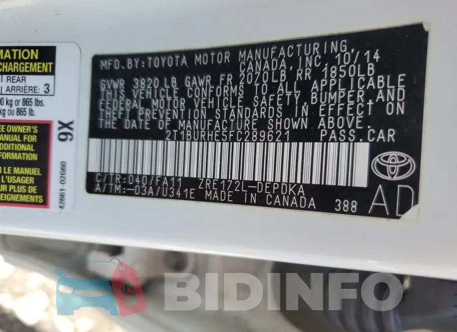 2T1BURHE5FC289621 Photo# 12