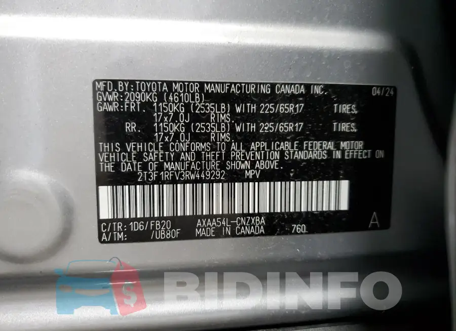 2T3F1RFV3RW449292 Photo# 14