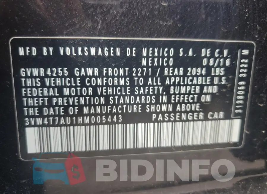 3VW4T7AU1HM005443 Photo# 14