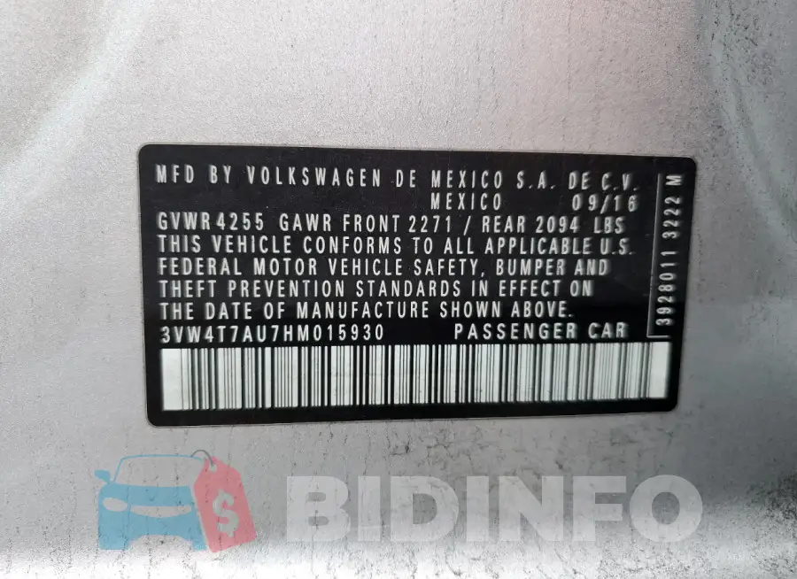3VW4T7AU7HM015930 Photo# 12