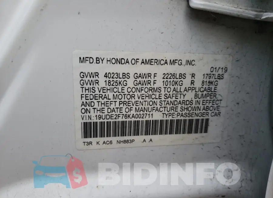 19UDE2F76KA002711 Photo# 12
