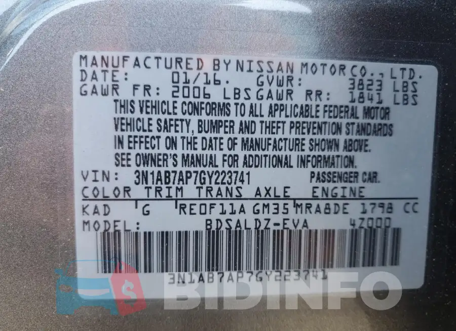 3N1AB7AP7GY223741 Photo# 12