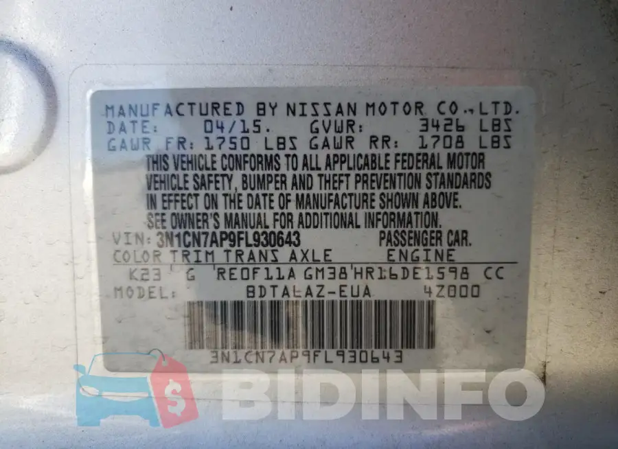 3N1CN7AP9FL930643 Photo# 13
