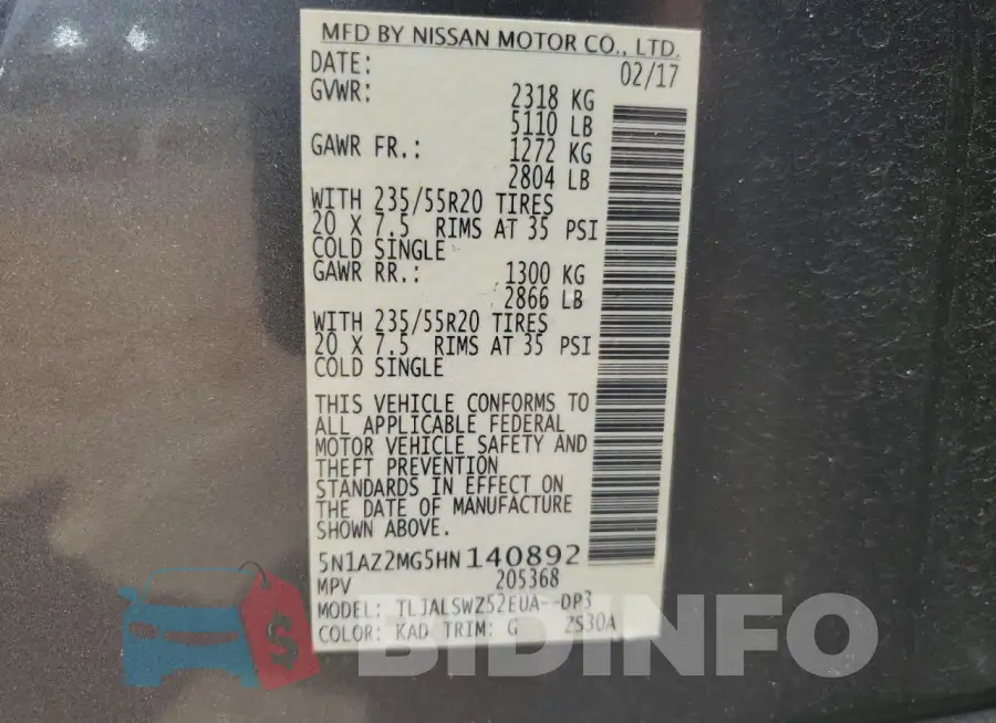 5N1AZ2MG5HN140892 Photo# 13