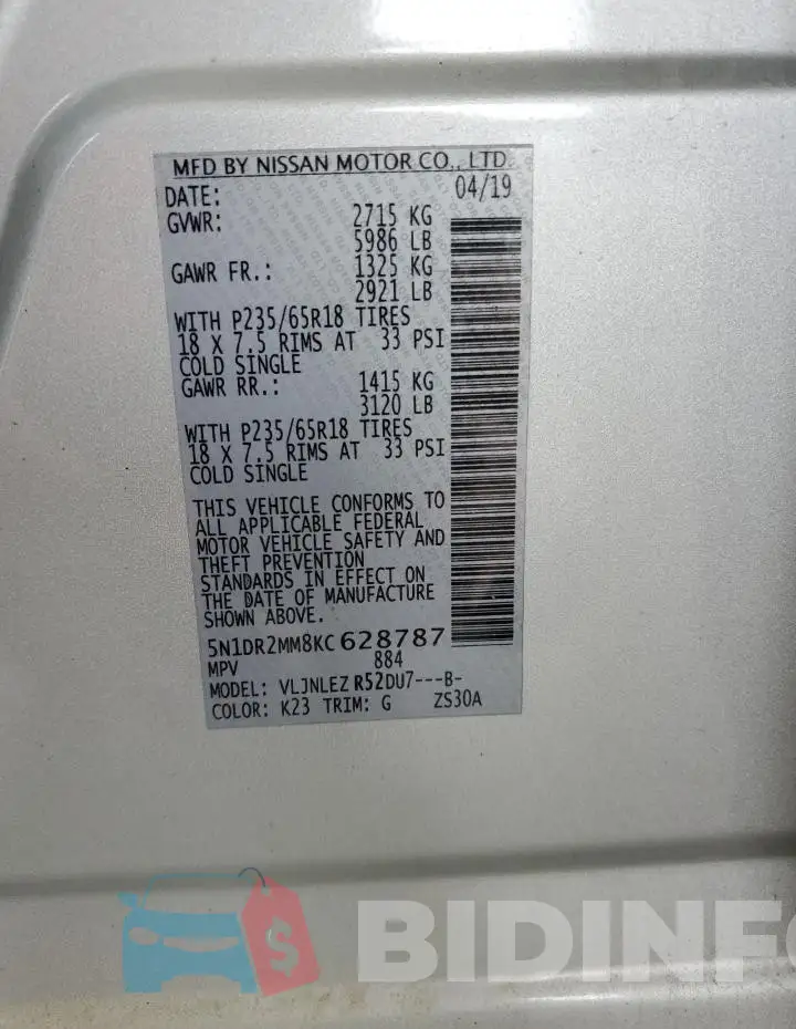 5N1DR2MM8KC628787 Photo# 13