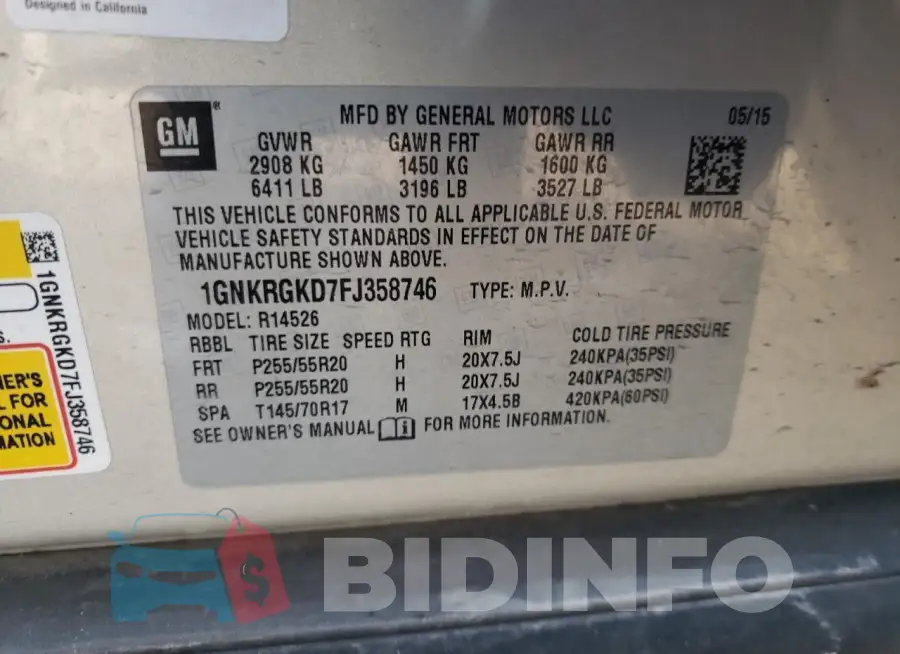 1GNKRGKD7FJ358746 Photo# 14