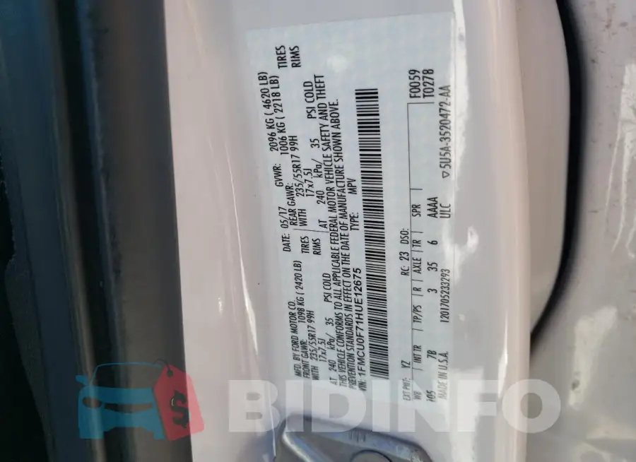 1FMCU0F71HUE12675 Photo# 13