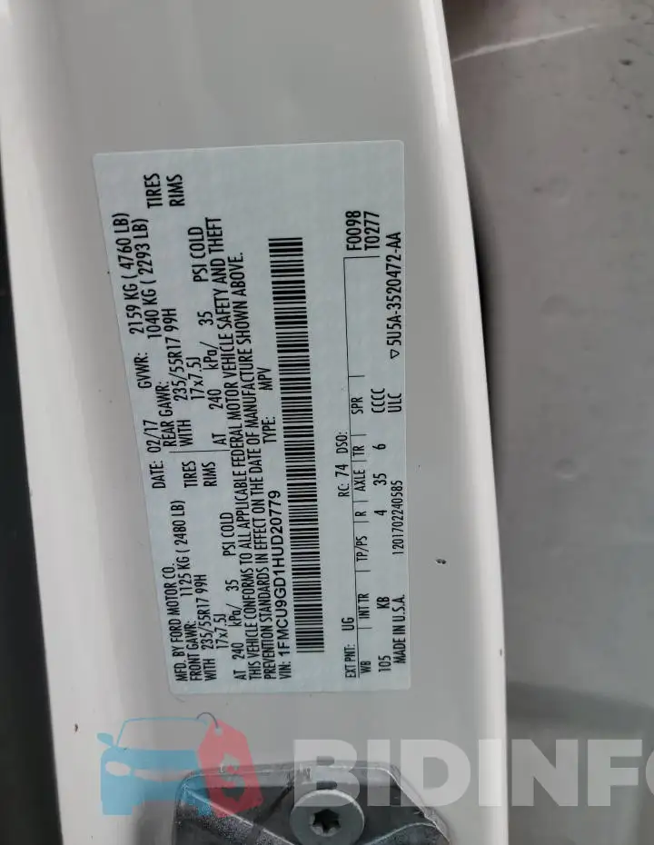 1FMCU9GD1HUD20779 Photo# 12