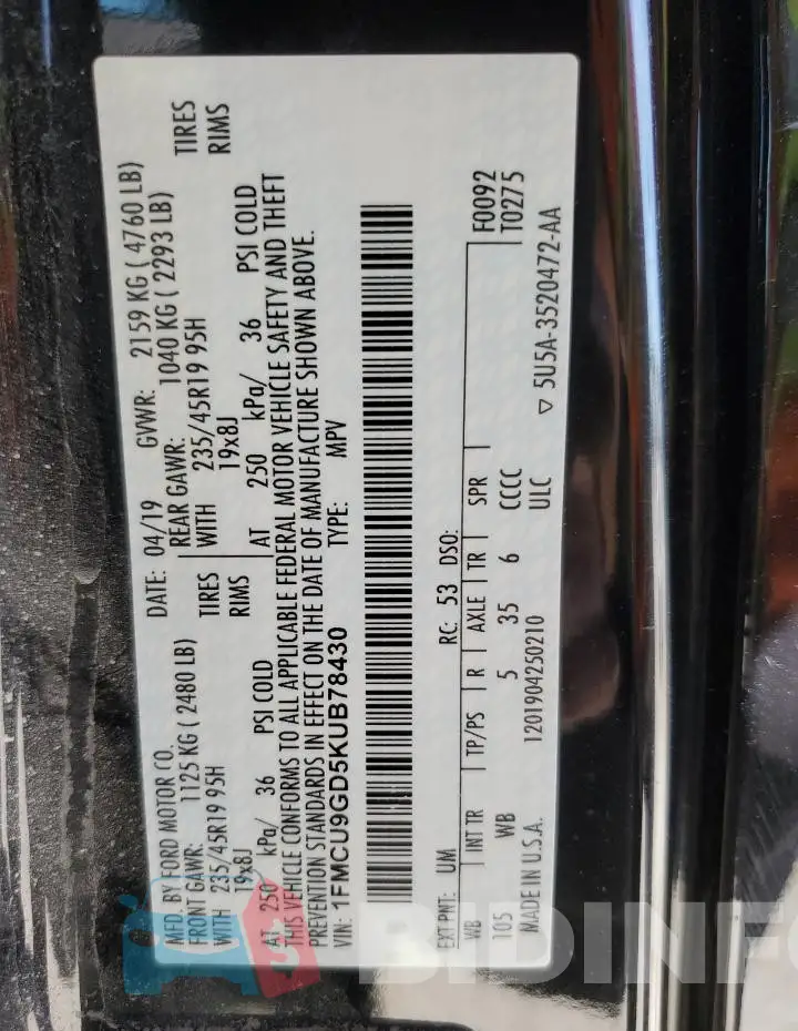 1FMCU9GD5KUB78430 Photo# 14