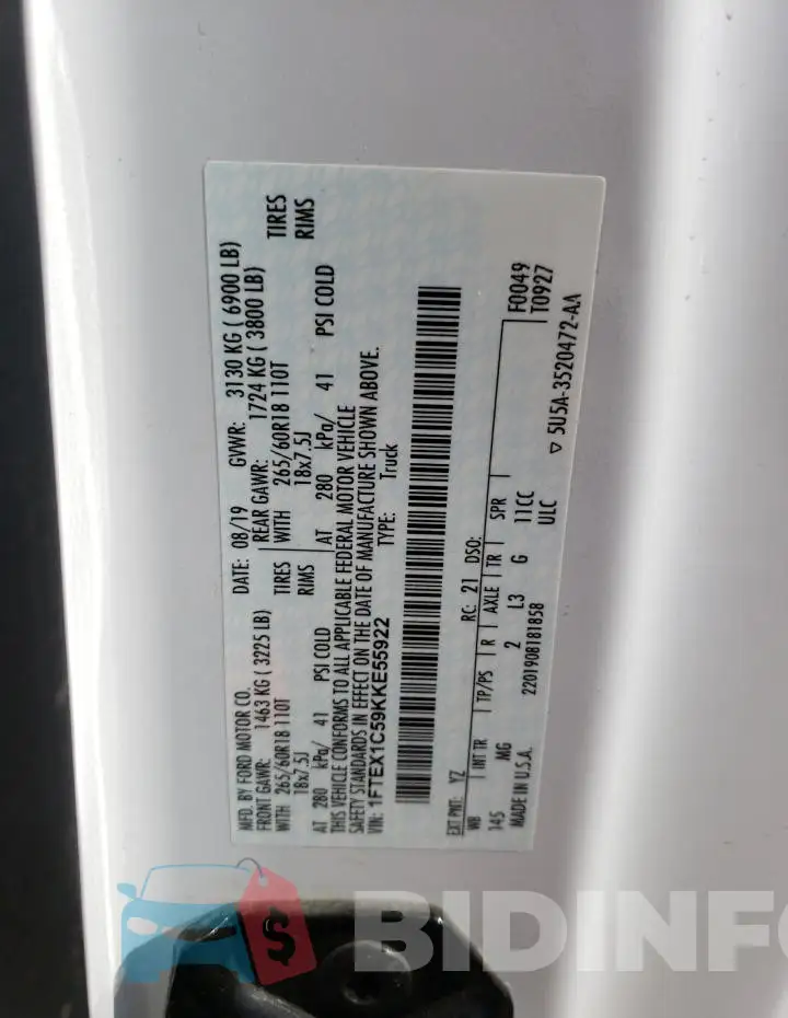 1FTEX1C59KKE55922 Photo# 12