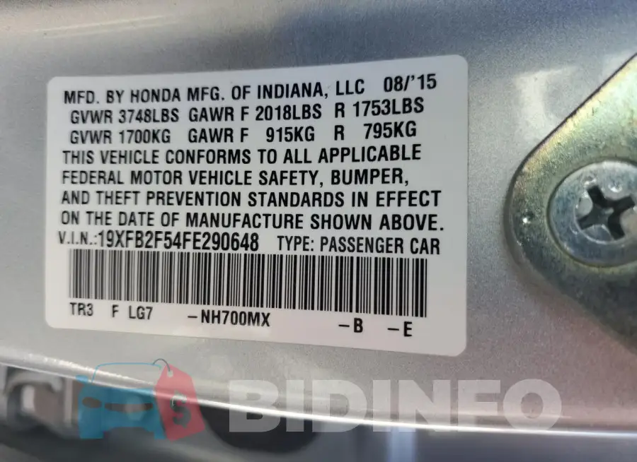 19XFB2F54FE290648 Photo# 12