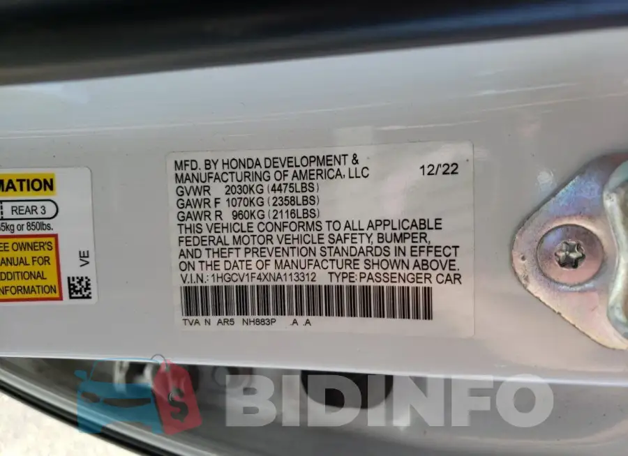 1HGCV1F4XNA113312 Photo# 12