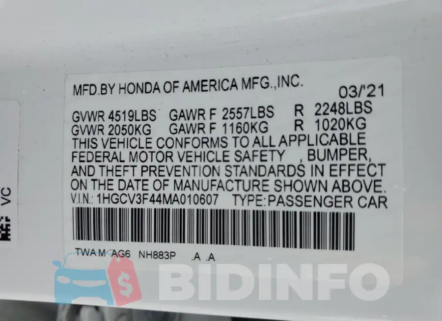 1HGCV3F44MA010607 Photo# 12
