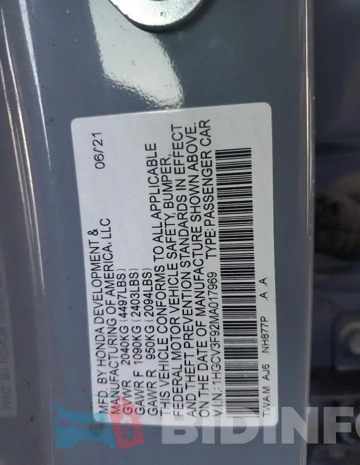 1HGCV3F92MA017969 Photo# 12