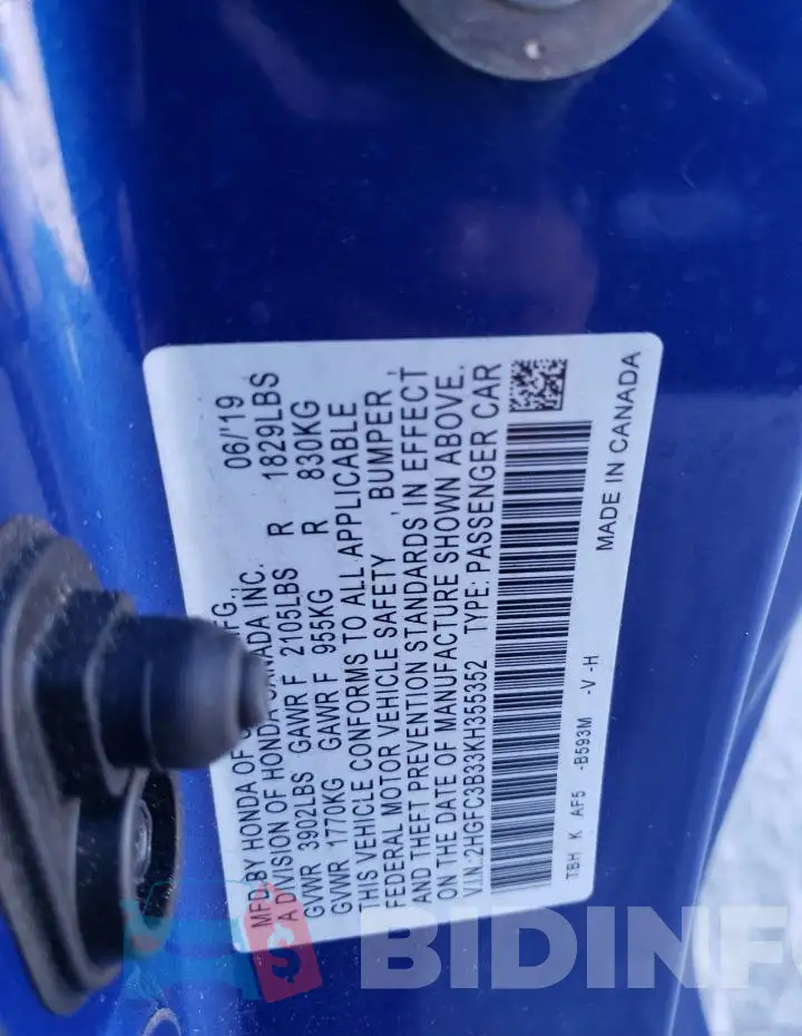 2HGFC3B33KH355352 Photo# 13
