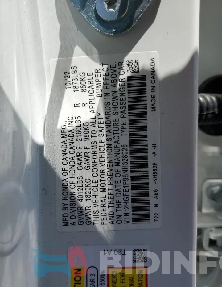 2HGFE1F98NH328925 Photo# 13