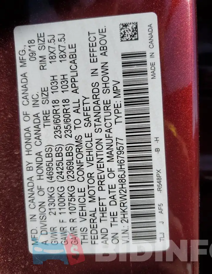 2HKRW2H86JH679577 Photo# 14