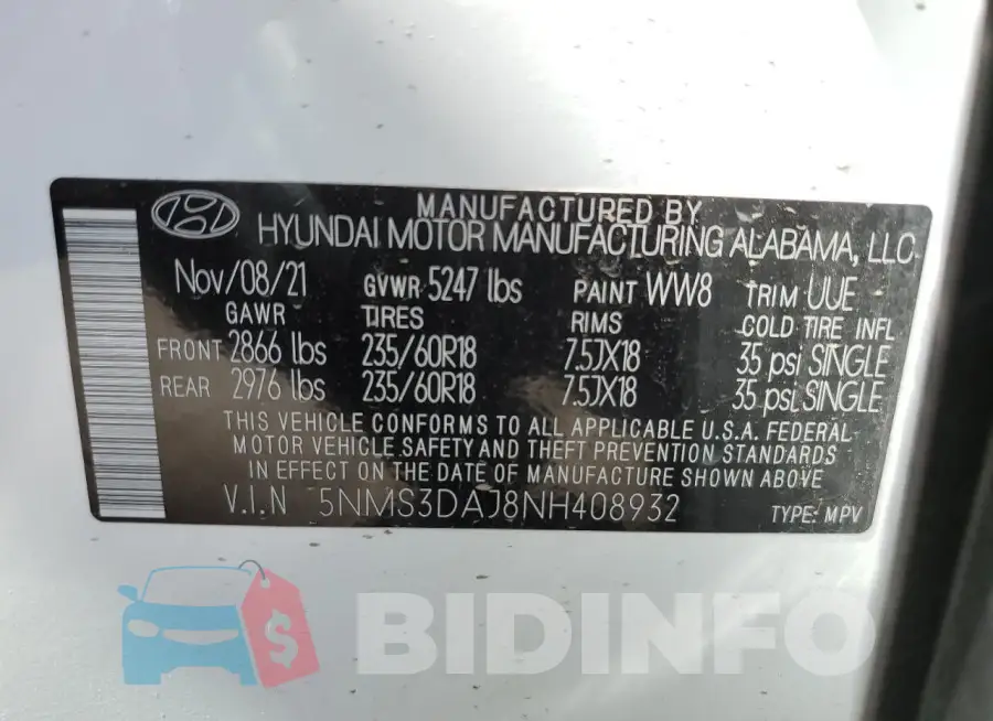 5NMS3DAJ8NH408932 Photo# 13