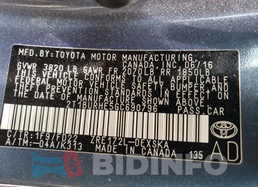 2T1BURHE5GC690796 Photo# 13