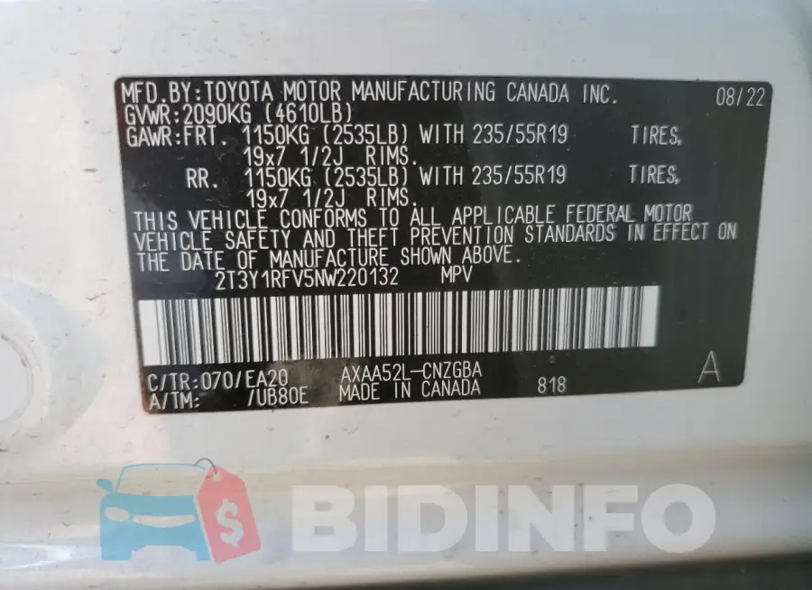 2T3Y1RFV5NW220132 Photo# 13