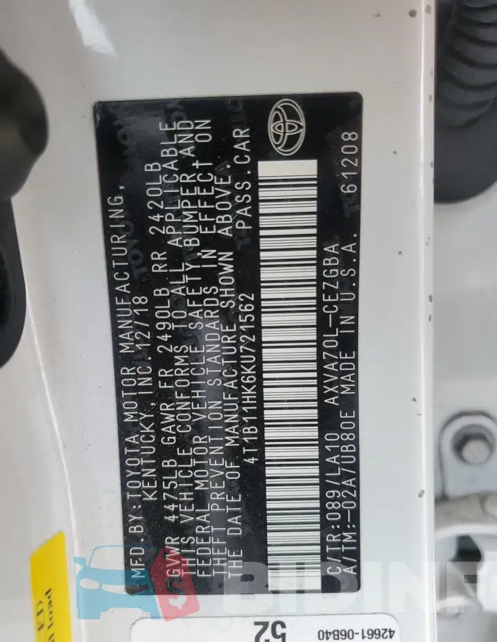 4T1B11HK6KU721562 Photo# 12