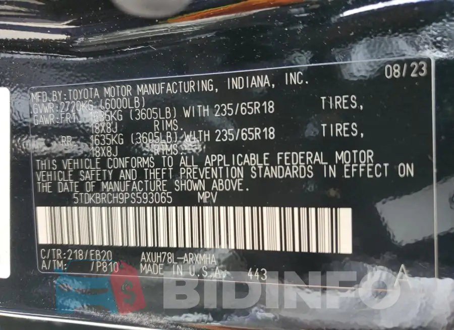 5TDKBRCH9PS593065 Photo# 14