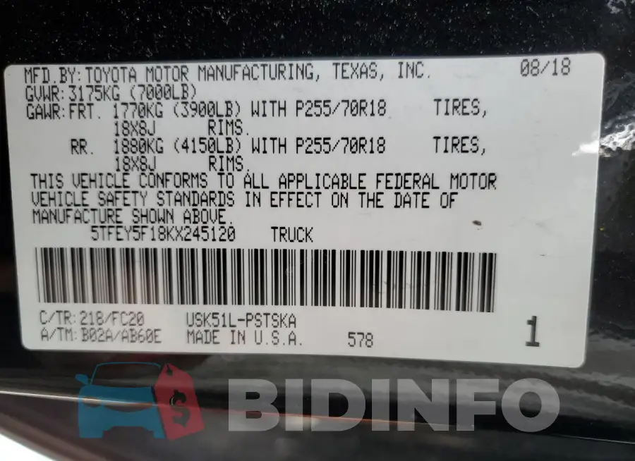 5TFEY5F18KX245120 Photo# 12