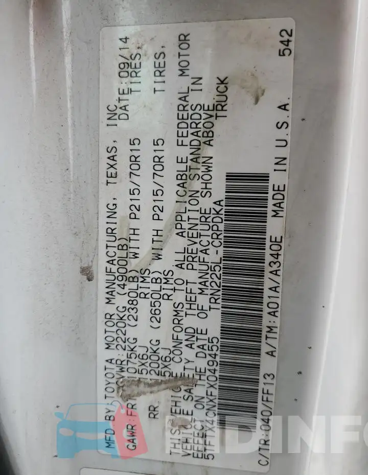 5TFTX4CNXFX049455 Photo# 12