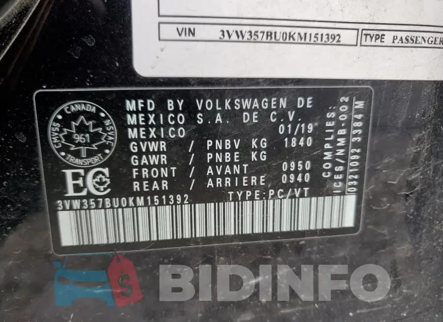 3VW357BU0KM151392 Photo# 12