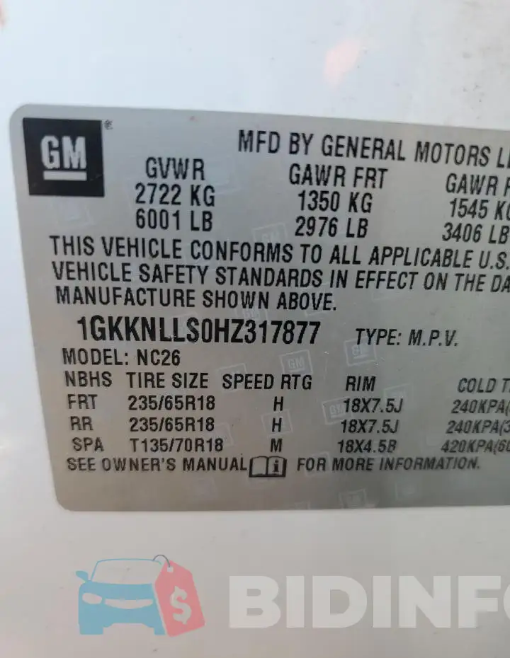 1GKKNLLS0HZ317877 Photo# 12