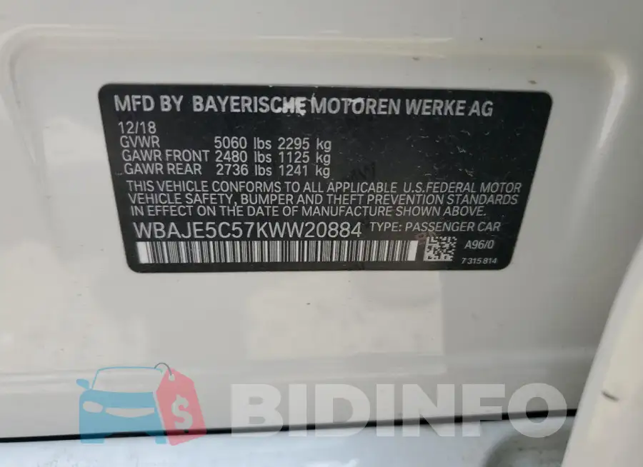WBAJE5C57KWW20884 Photo# 13