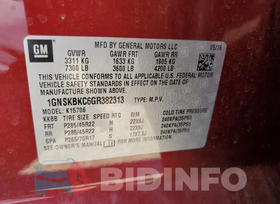 1GNSKBKC6GR382313 Photo# 13