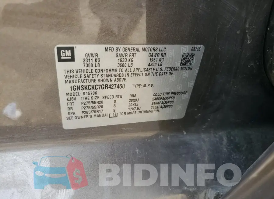 1GNSKCKC7GR427460 Photo# 13