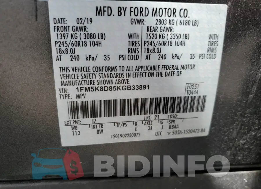 1FM5K8D85KGB33891 Photo# 14