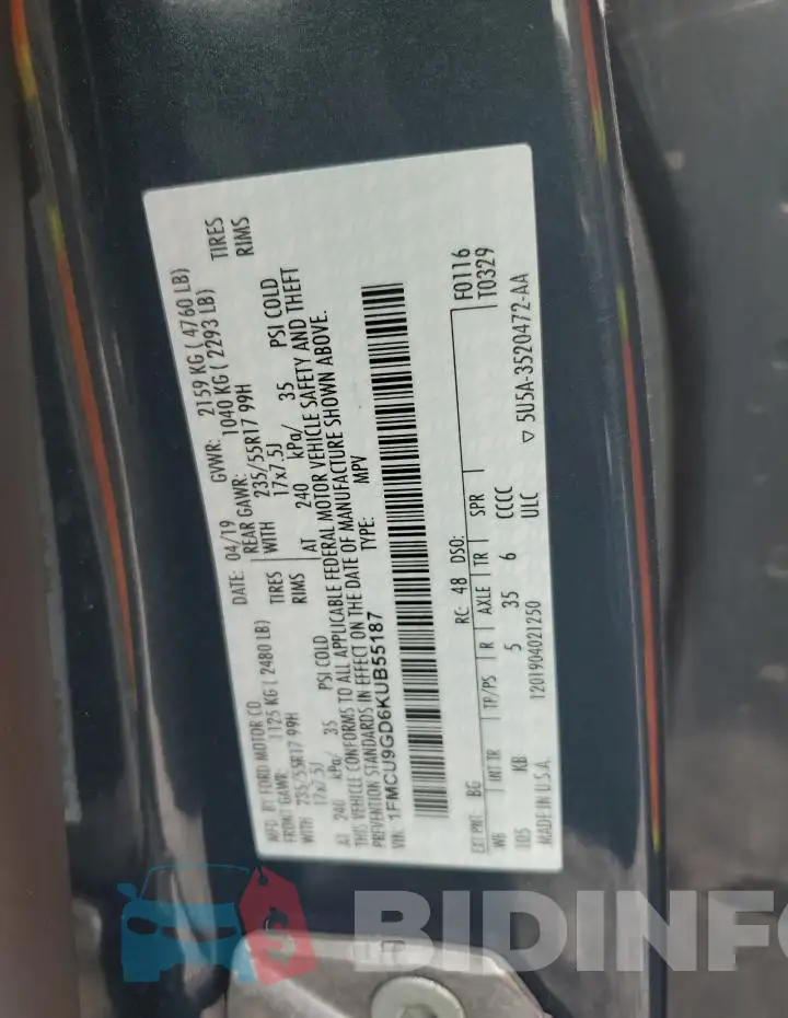 1FMCU9GD6KUB55187 Photo# 13