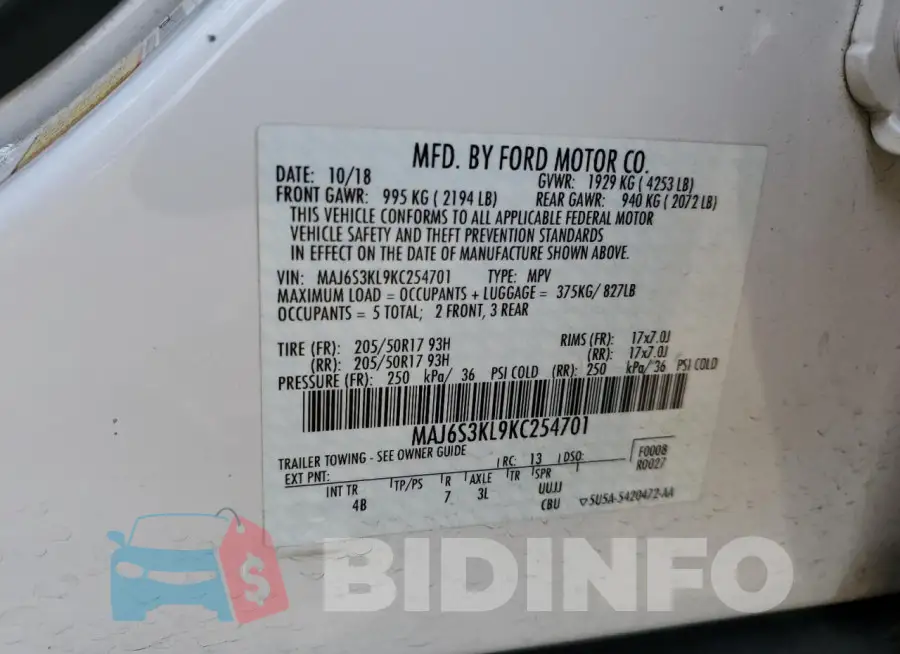 MAJ6S3KL9KC254701 Photo# 13