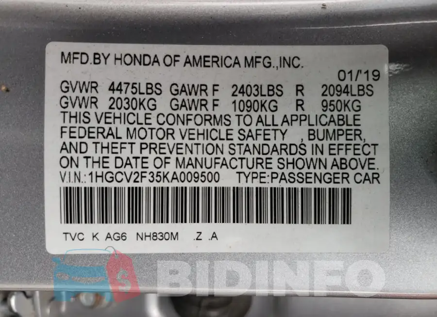 1HGCV2F35KA009500 Photo# 12