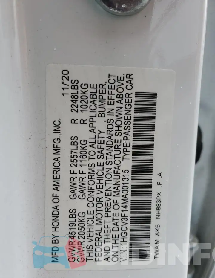 1HGCV3F14MA001315 Photo# 12
