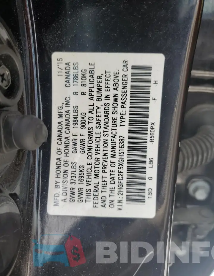 2HGFC2F5XGH516387 Photo# 12