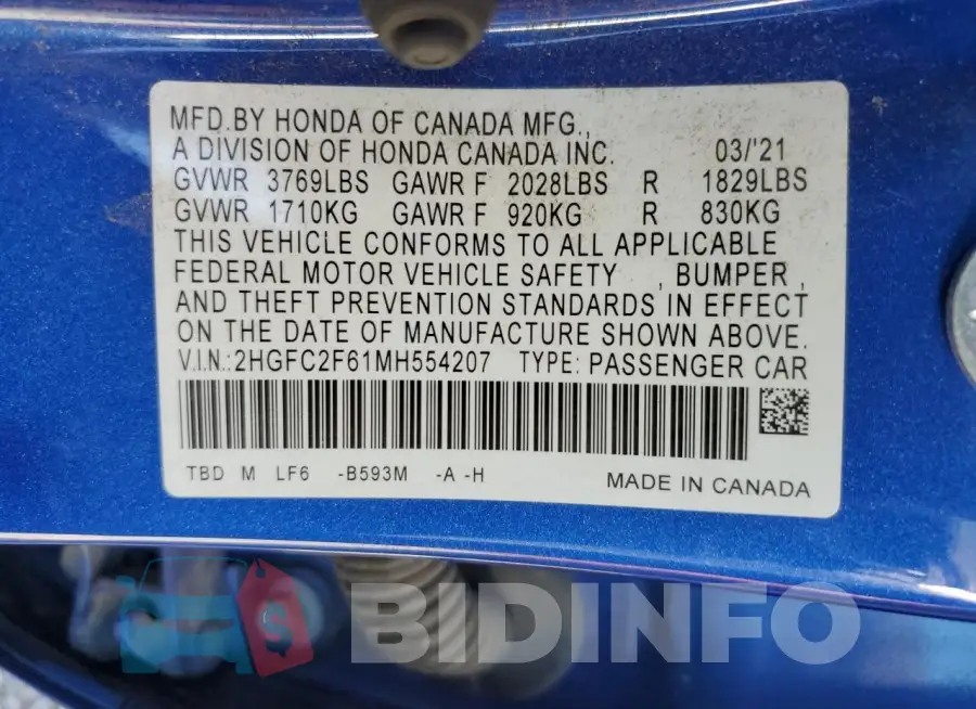 2HGFC2F61MH554207 Photo# 13